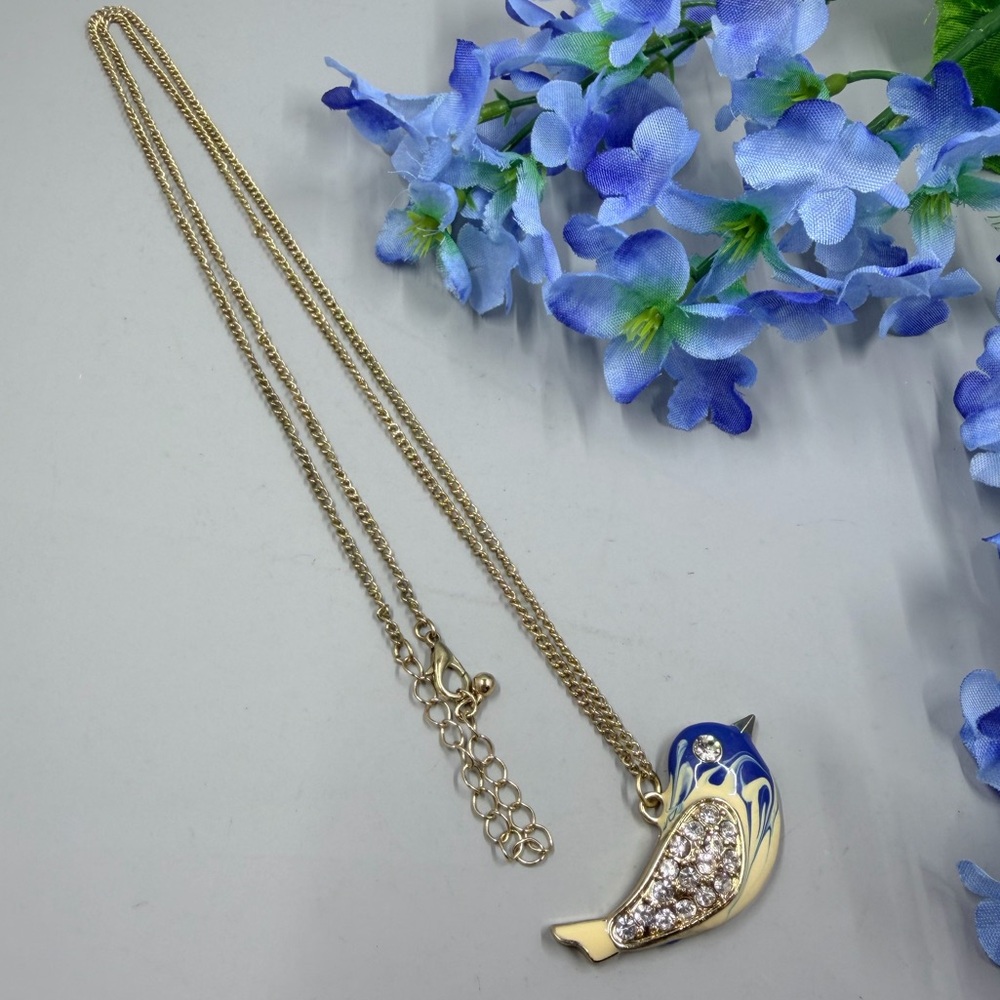 Gold and Blue Enamel Bird Pendant Necklace with Crystal Accents